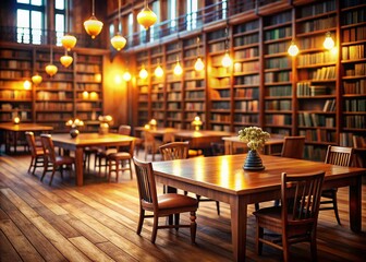 Fototapeta premium Cozy Library Interior: Wooden Tables & Chairs with Bokeh Lighting
