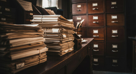 Piles of files and wooden cabinets in a vintage office setting creating a nostalgic atmosphere