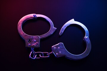 Close-Up of Open Handcuffs Under Neon Lights