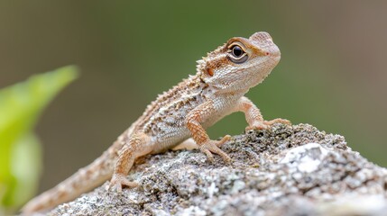 Fototapeta premium Young lizard on rock, green blurred background, wildlife, nature photography