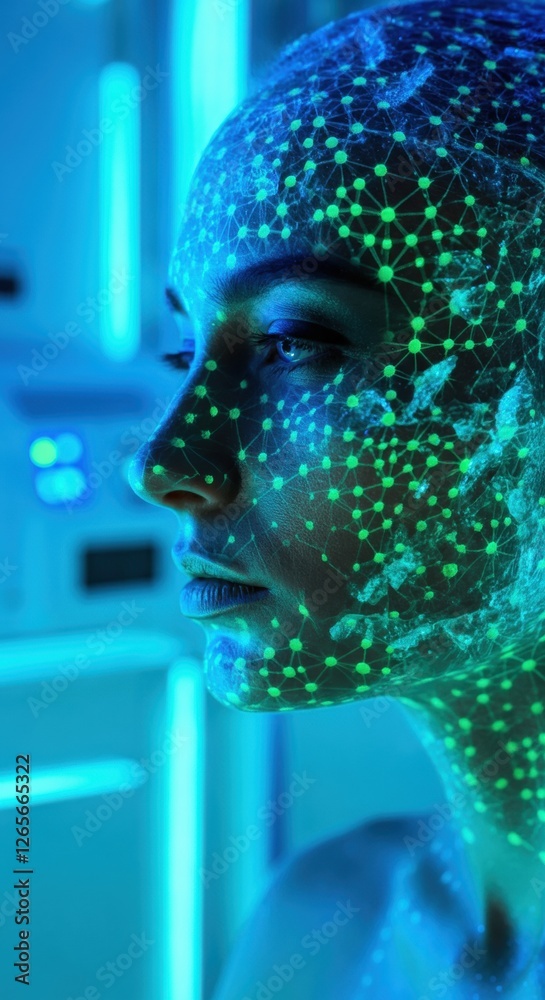 Wall mural Young caucasian female with futuristic digital light patterns on face in neon environment