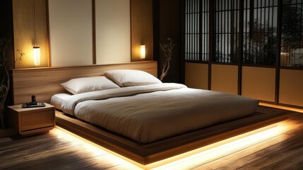 Obraz premium Modern japanese style bedroom interior with platform bed lighting