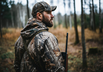 Man in camouflage clothing stands in a forest holding a hunting rifle while observing the surroundings during the autumn season