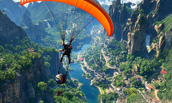 Adventurous paraglider soaring over a stunning valley with lush greenery and a serene river below