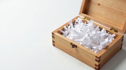 Fototapeta premium A Light Wooden Box Filled with Shredded White Paper, a Symbol of Confidentiality and Security