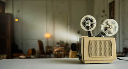 Vintage film projector sits on a table in a cozy room with soft lighting and retro decor