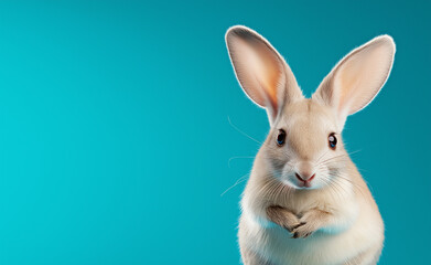 Obraz premium A curious beige rabbit standing upright with folded paws against a bright turquoise background, looking adorable and attentive. 