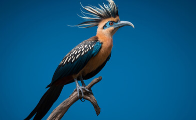 Fototapeta premium A striking exotic bird with vibrant blue feathers and an elaborate spiky crest perched gracefully against a deep blue background.