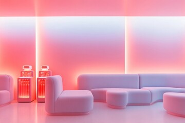 retro-futuristic lounge featuring glossy furniture glowing drink dispensers and soft neon lighting designed with wide