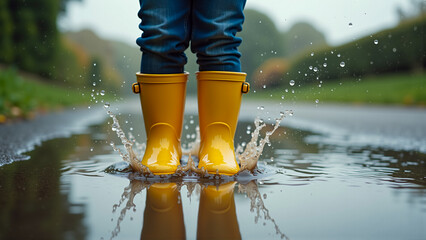 Yellow Rain Boots Splashing in a Puddle on a Rainy Day