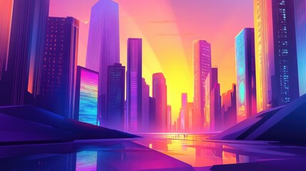 A neon-drenched futuristic city with holographic billboards and towering skyscrapers glowing under a colorful twilight.