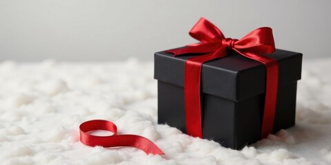 A sophisticated black gift box adorned with a vibrant red ribbon, resting on a soft, fluffy white surface; a single red ribbon loop lies nearby, adding a touch of elegance to the scene.