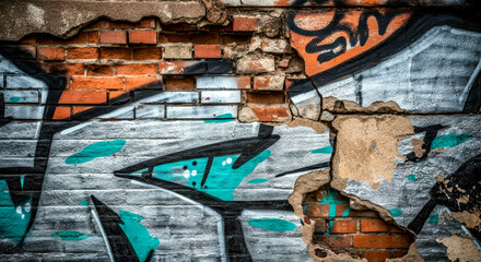 Colorful graffiti art on a weathered brick wall at urban location depicting creativity and street culture
