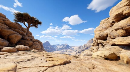 Fototapeta premium Desolate Baked Earth Landscape Under Sunlit Blue Sky and Clouds