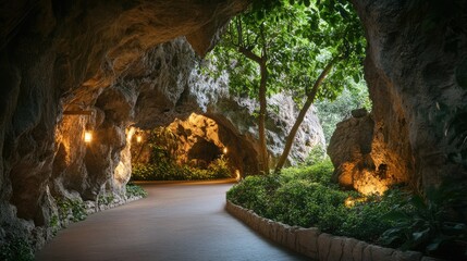 Obraz premium A peaceful, tree-lined pathway inside a cave, bathed in soft, warm lighting, creating a dreamy and serene atmosphere.