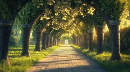 Obraz premium A peaceful tree-lined pathway leading through elegant stone arches, softly illuminated by warm golden light.