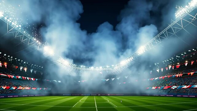 A vibrant stadium at night filled with smoke and lights, capturing the thrilling atmosphere of a sports event.