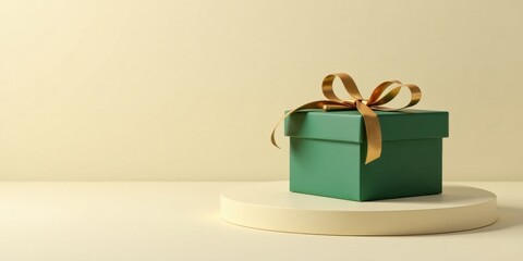 A luxuriously wrapped emerald green gift box, adorned with a golden ribbon, elegantly sits on a minimalist cream-colored pedestal against a soft beige backdrop.