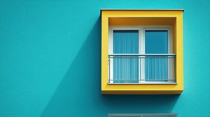 Modern yellow window with balcony on teal wall