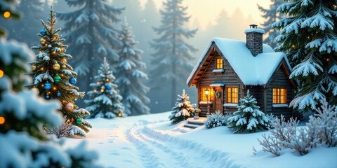 Fototapeta premium Enchanted Winter Cabin nestled amongst snow-laden pines, illuminated by warm interior lights, a picturesque holiday scene with a snow-covered path leading to the cozy dwelling.
