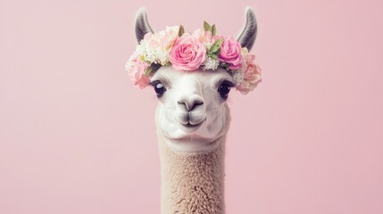Fototapeta premium A playful llama with a pastel-colored flower crown, exuding charm and elegance on a soft pink background.