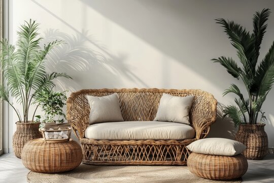 Home mockup, bedroom interior background with rattan furniture and blank wall, Coastal style, 3d render, Generative AI