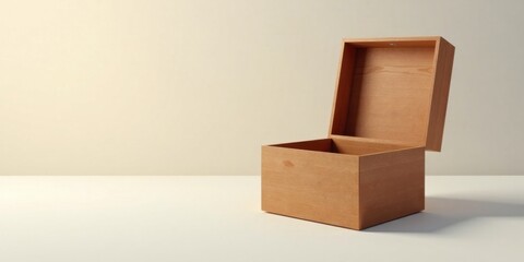 A partially opened light brown wooden box rests on a white surface against a pale background, suggesting a moment of anticipation or revelation.