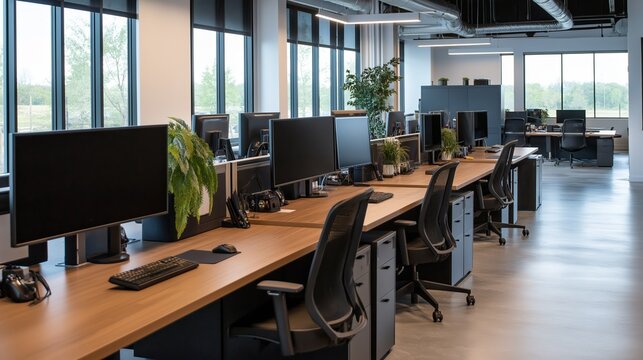 Modern open office space with multiple workstations and natural lighting in the background