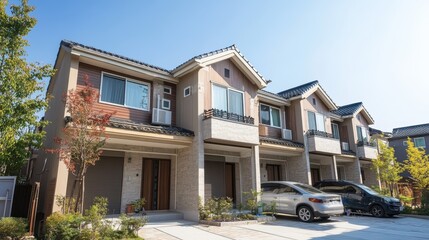 Row of modern townhouses with cars parked in driveway