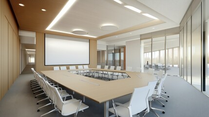 Modern conference room with large table and projector in bright office setting