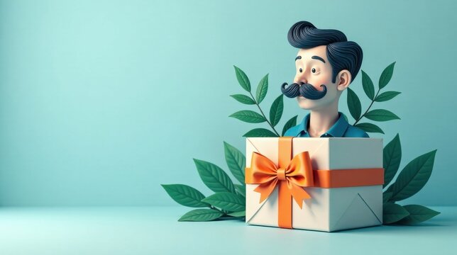 A whimsical illustration of a jovial man with a mustache emerging from a gift box, surrounded by vibrant foliage on a serene backdrop