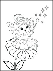 Black and white fairy coloring pages for kids. Children's coloring books with cute cartoon fairy characters, fun and educational materials for kindergarten.
