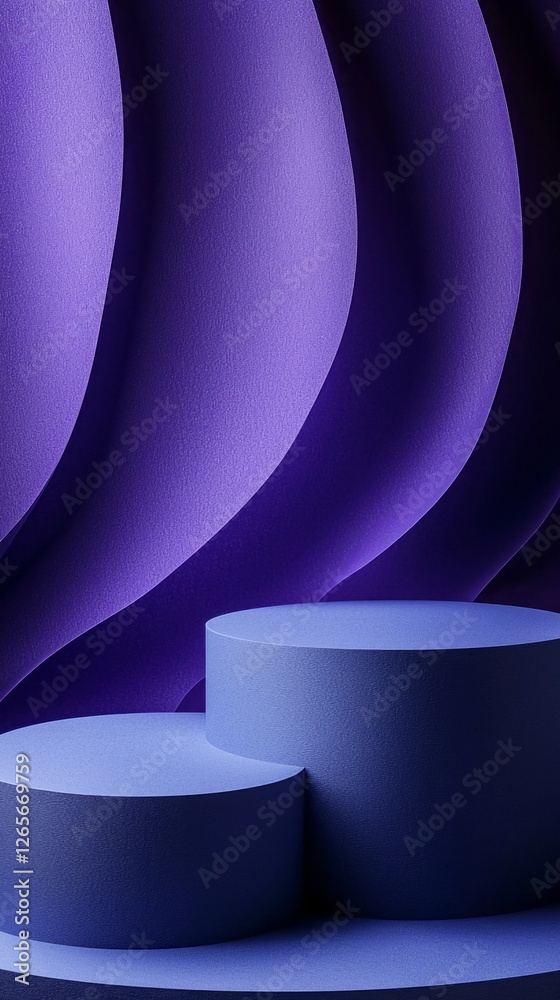 Poster two round empty podiums stand in front of a beautifully curved purple wall. the interplay of texture