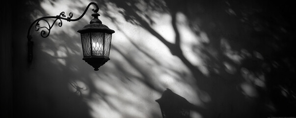 Vintage lantern with intricate shadows cast on wall in black and white