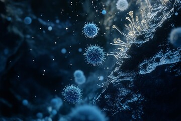 Obraz premium Futuristic representation of floating virus particles in a dark blue environment with dynamic details and rich textures. Generative AI
