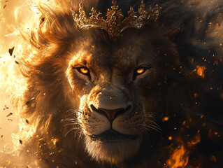 Naklejka premium lion wearing an elaborate golden crown adorned with jewels, surrounded by a regal red and gold robe, exuding an aura of royalty and power.
