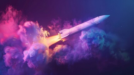 Obraz premium Cosmic Ascent: A Rocket's Journey Through Neon Nebula