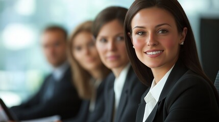 Fototapeta premium Professional business meeting featuring smiling woman in formal attire
