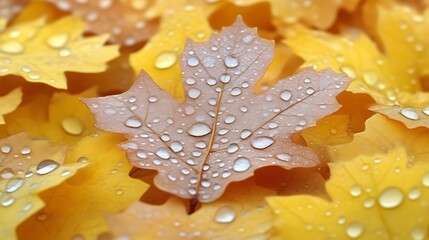 Dew Drops on Autumn Leaf Amongst Others