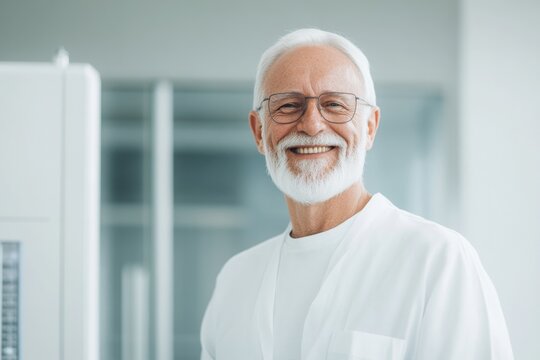 smiling elderly male scientist of european descent standing confidently in front of futuristic genome sequencing machine - Powered by Adobe