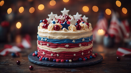 Patriotic red white and blue cake with stars and berries