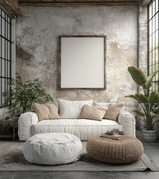 Frame mockup in living room loft, industrial style ,3d render, Generative AI