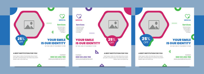 Medical healthcare social media post or web banner template, hospital logo and icon for business marketing. Corporate flyer for doctor, dentist and dental clinic social media post