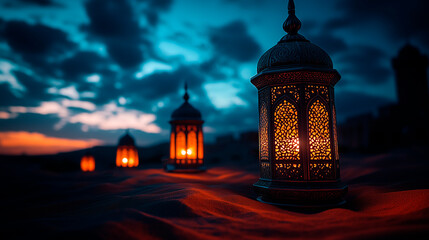 Fototapeta premium Ornate lanterns illuminating a desert night with warm glows and dramatic skies