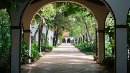 Fototapeta premium A scenic walkway surrounded by lush trees, framed by elegant arches, creating a tranquil and inviting atmosphere.