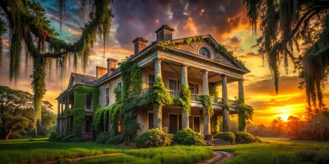 Fototapeta premium Creepy Charm: Southern Abandoned Plantation at Dusk - Bokeh Effect Stock Photo
