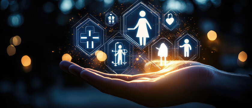 A hand holding glowing icons representing healthcare, safety, and support for people in need