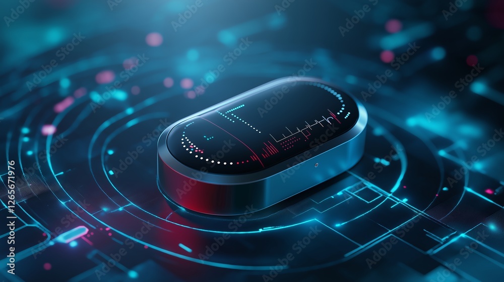 Poster advanced device displays futuristic data visualization on a glowing surface