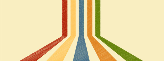 Abstract background 70s retro perspective lines background. Vintage colourful stripes banner, backdrop.