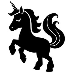 Cute Unicorn Silhouette Vector Adorable Magical Pony with Flowing Mane and Spiraled Horn Black SVG for Stickers, Decals, Coloring Pages, and Crafting